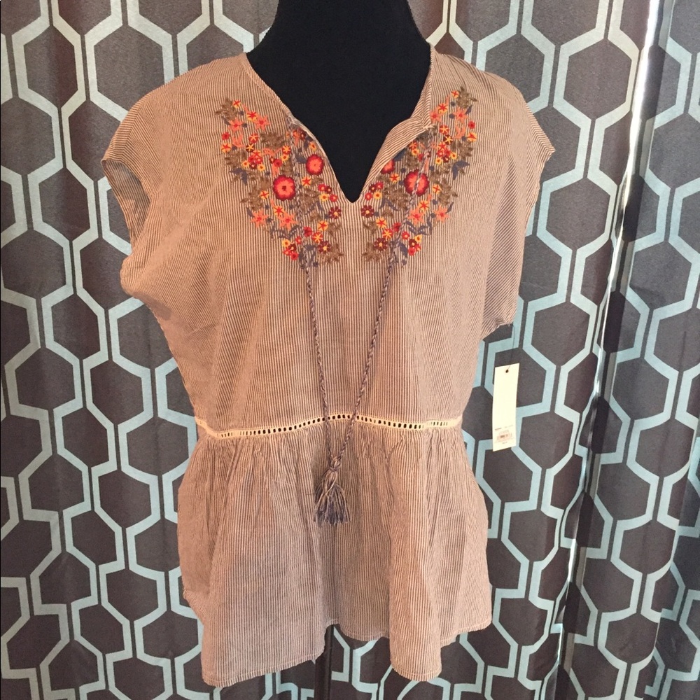NWT Sonoma Blue/Wht. Stripe Embroidered Peplum Top